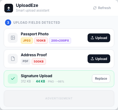 UploadEze popup showing 3 detected fields with auto-detected requirements